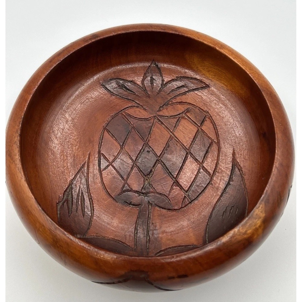 Hand Carved Wooden Pineapple Trinket Dish Footed Bowl Tropical Decor